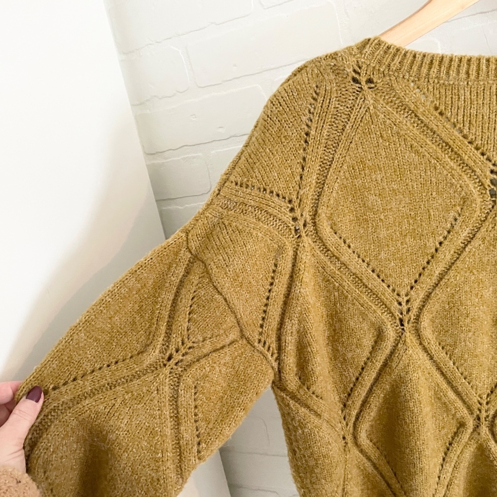 Anthropologie X ICHI Diamond Cable Knit Sweater Chunky Oversized Mustard Sz M - Picture 11 of 14